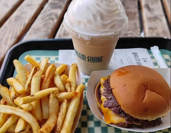 harlem shake burger, fries, and a milkshake