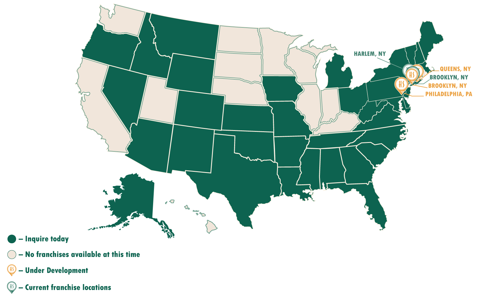 Map of available and existing franchise locations