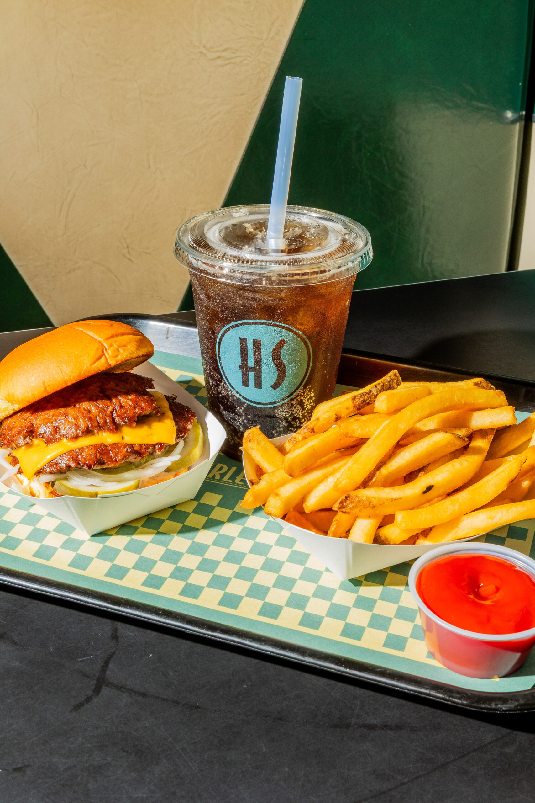 harlem shake burger, fries and a cold soda
