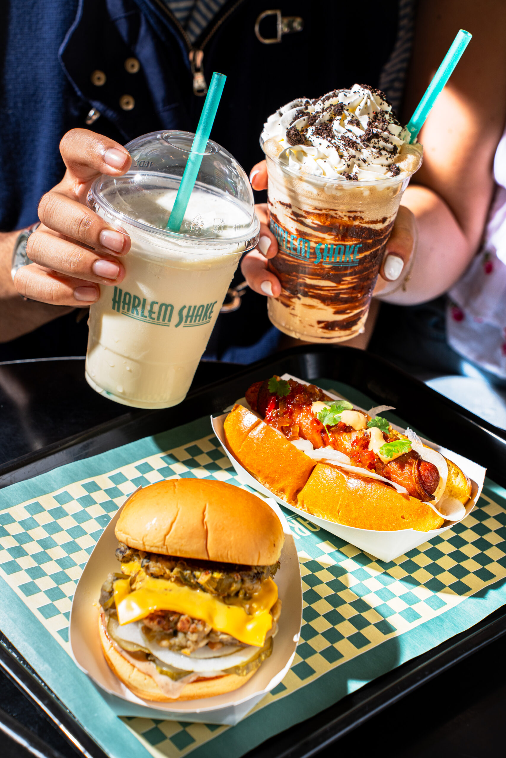 Harlem Shake milkshakes, burger, and hotdog